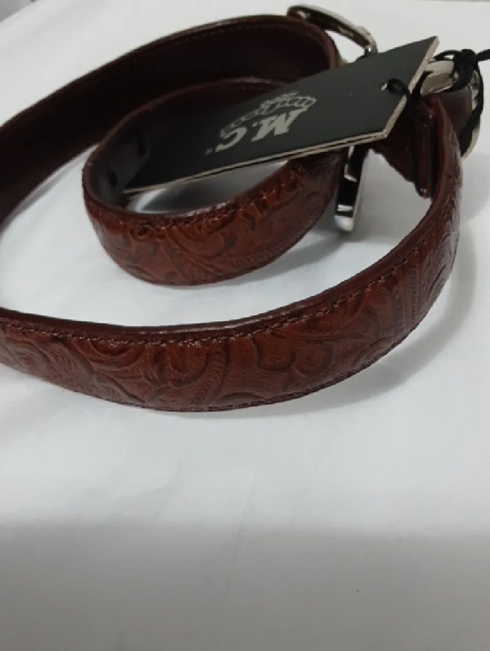 M.C. Brown Tooled Leather‎ Western Belt with Silver Buckle